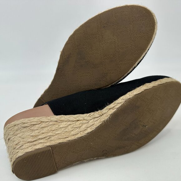 VIONIC Black Canvas Espadrille Wedge Sandals Size 8.5 Slingback Buckle Comfort - Picture 6 of 10